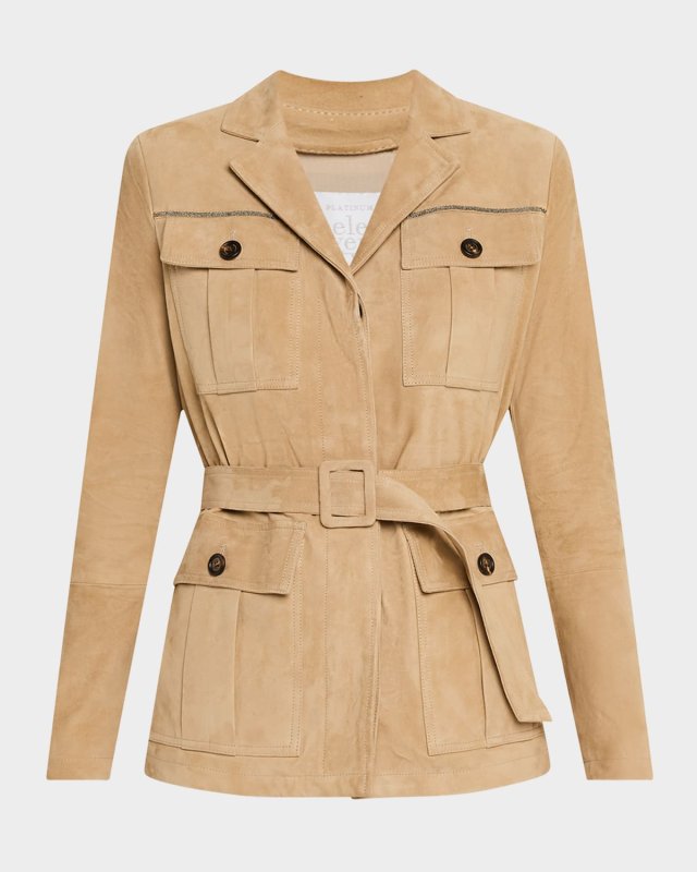 Belted Chain-Trim Suede Safari Blazer